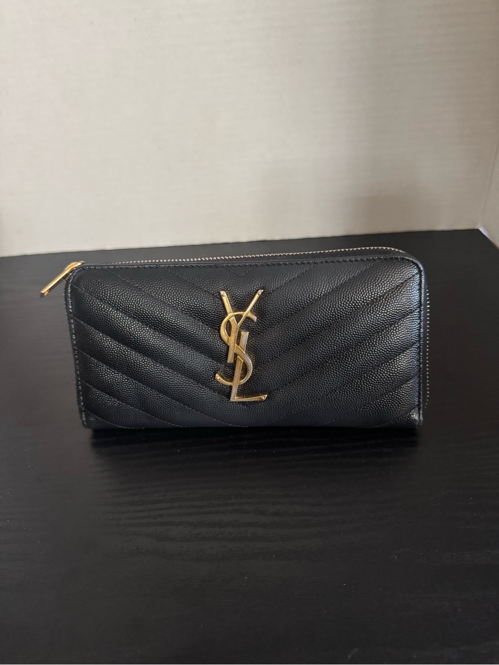 Saint Laurent Black Chevron Quilted Zip-Around Wallet with Gold YSL Emblem